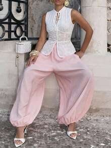 MainGRL 白色女士纯色褶皱休闲百搭通勤短袖衬衫夏季度假上衣 - 白色 - 查看 1