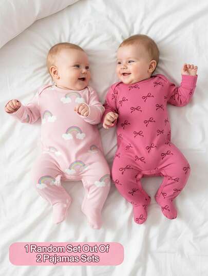 [Random 1 Of 2] Newborn Baby Soft Comfortable Long Sleeve Romper Jumpsuit, Pink Floral, Pastel Rainbow, Dark Pink Bow Print, Spring/Summer Casual Sleepwear Set, Makes Baby Look Cute And Lively