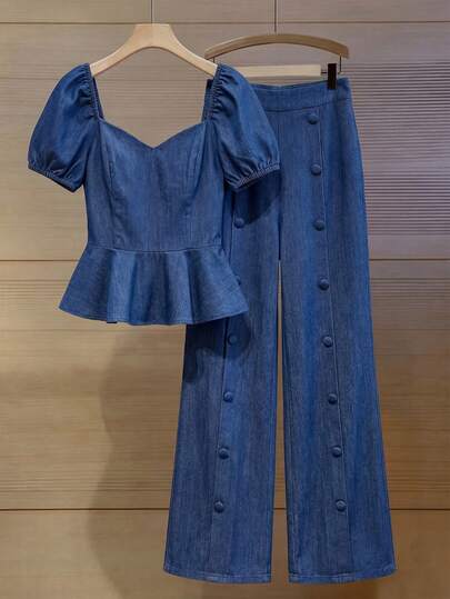 Elenzga Elegante conjunto de 2 piezas para mujer con escote en forma de corazón, dobladillo con volantes y decoración de botones