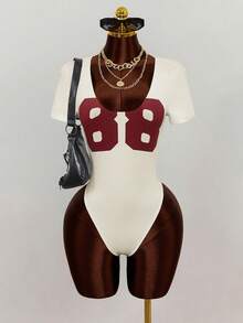 Mistrie Body de cuello redondo con estampado numérico, de manga corta y estilo de moda - Multicolor - Ver 5