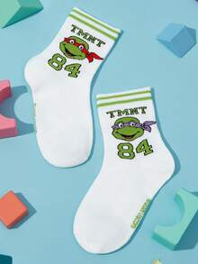 TEENAGE MUTANT NINJA TURTLES | SHEIN 2 Pairs Cotton Soft & Breathable Moisture-Wicking Kids Stripes Mid-Calf Socks Blue&White Cute Cartoon Boys Preppy Style Crew Socks Reinforced Toe & Heel For Durability All Seasons All-Match School & Outdoor Summer Winter - Multicolor - View 7