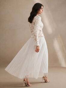 Anewsta Square Neck Long Sleeve Fitted Lace Hollow-Out Mesh Waist Tie 2 In 1 Elegant Pleated Skirt, Suitable For Valentine's Day, Vacation, New Year White - Apricot - View 2