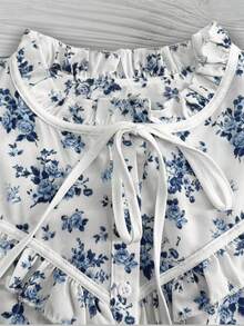 GlowEve 女士休闲可爱蓝色碎花荷叶边系领无袖衬衫，甜美荷叶边纹理开襟上衣，春夏款 - 藍白色 - 查看 6