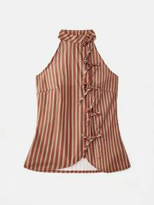 lacRébo Red Rust Brown Stripe Sleeveless Top With Bow Detail And Straight-Leg Pants Set,Chic French Parisian Style Summer Casual Vacation Holiday Outfit - Multicolor - View 6