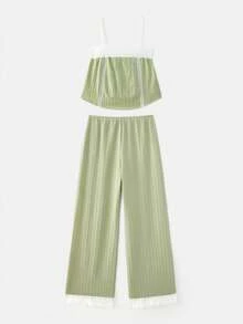 lacRébo Loose Mint Green Pointelle Pajama Set With Embroidered Trim Top And Pants Homewear Set Green Sleepwear Set Cute Pyjama Set - Green - View 6