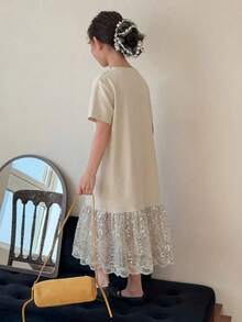 DAZY Tween Girls Round Neck Color Block Mid-Length Short Sleeve Dress Sun Dresses For Girl Summer - Beige - View 6