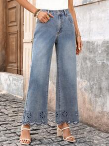 Breezaya 女士休闲日常水洗镂空刺绣喇叭牛仔裤 - 藍色 - 查看 4