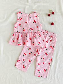 SHEIN Vintaside Kids 女婴两件套夏季套装，蓝白格子樱桃印花无袖上衣搭配同色长裤，清新乡村风，适合海滩度假、公园郊游和日常穿着。 - 粉色 - 查看 2