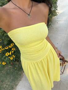 SHEIN EZwear 女士针织长款无肩带连衣裙，夏季女装连衣裙，女士夏季连衣裙，女士服装连衣裙，惊艳连衣裙 - 鵝黃色 - 查看 5