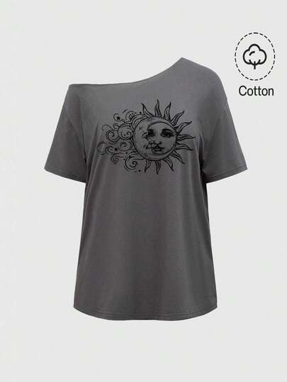 ROMWE Fairycore Hippie Sun Moon Star Sexy Asymmetrical Shoulder Grey Solid Basic Casual Street Vintage Style Plus Size Asymmetrical Shoulder T-Shirt, Summer