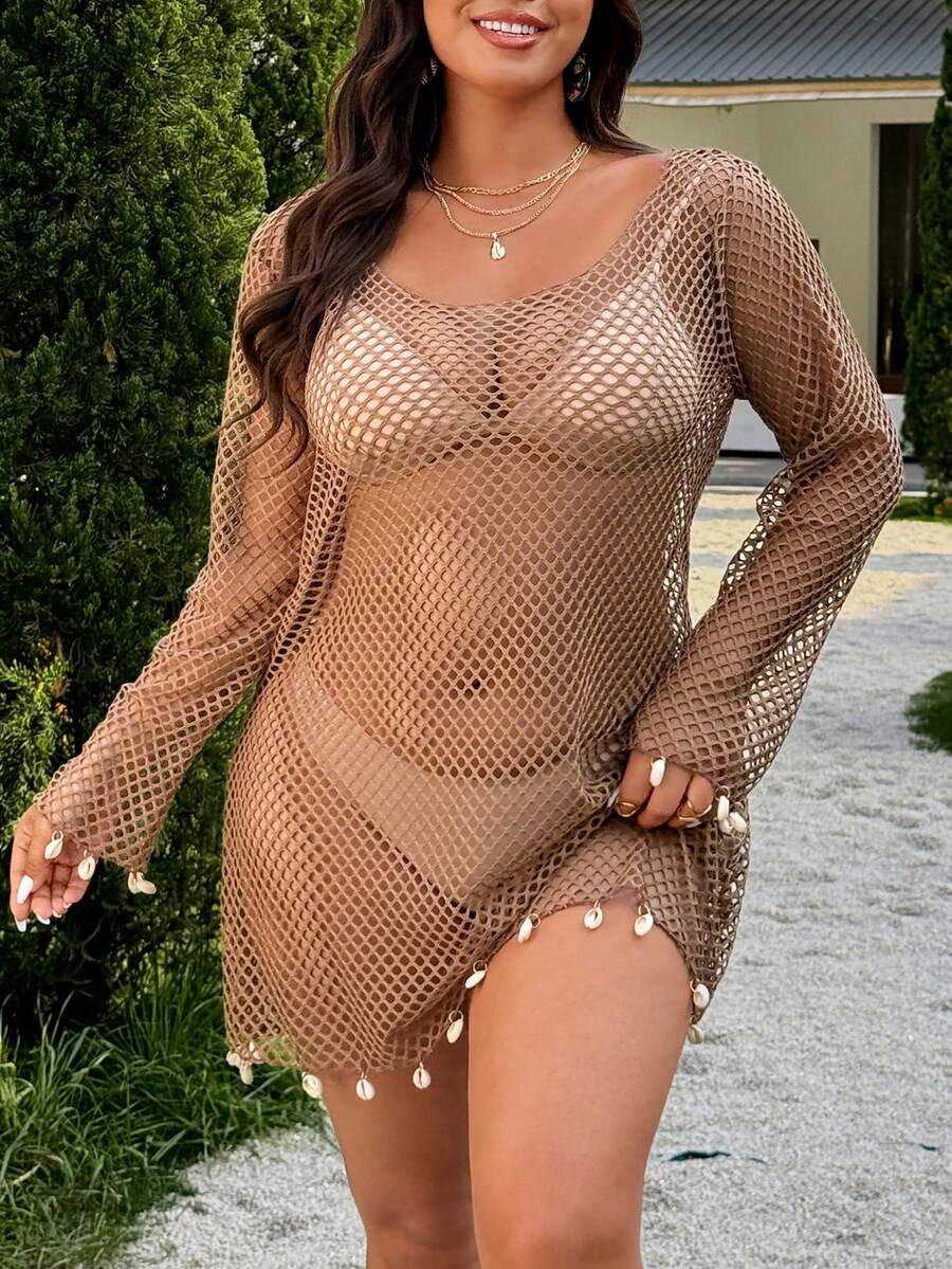 Swim Vcay Nuevo traje de baño de malla de unicolor para primavera/verano 2026, elegante cubierta de playa de manga larga con decoración de concha - Óxido marrón - Ver 1