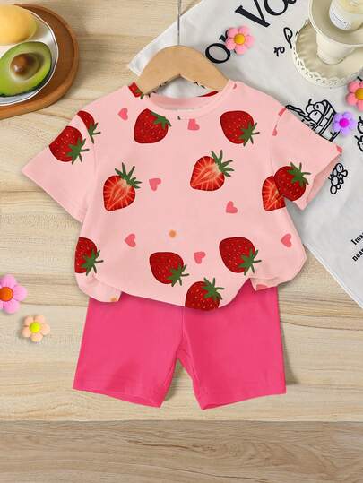 1 Set Baby Girls' Sweet Cute Strawberry Fruit Pattern Vacation Style Printed Short Sleeve Round Neck T-Shirt And Shorts Set, Suitable For Spring To Summer
