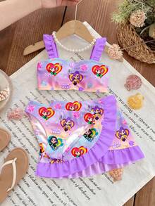 SHEIN Young Girl Letter & Cartoon Print Bikini Set With Mini Skirt, Suitable For Summer Vacation & Beach - Multicolor - View 4