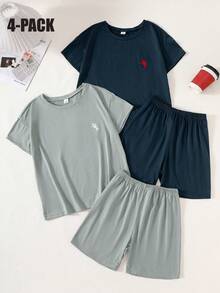 Conjunto de 4 piezas de pantalones cortos y camiseta de manga corta de estilo casual y holgado para niños, en azul marino y azul claro, con bordado de cactus, cómodo y suave, estilo minimalista para usar en verano - Multicolor - Ver 3