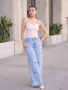 Andrea Bello 女士休闲日常通勤爱心刺绣宽松阔腿牛仔裤 - 藍色 - 查看 6