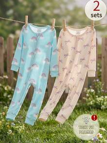 SHEIN Bộ đồ ngủ liền thân dài tay thoải mái, thời trang cho bé gái, gồm 2 món, điểm nhấn là nơ cầu vồng dễ thương. - Nhiều màu - Xem 3