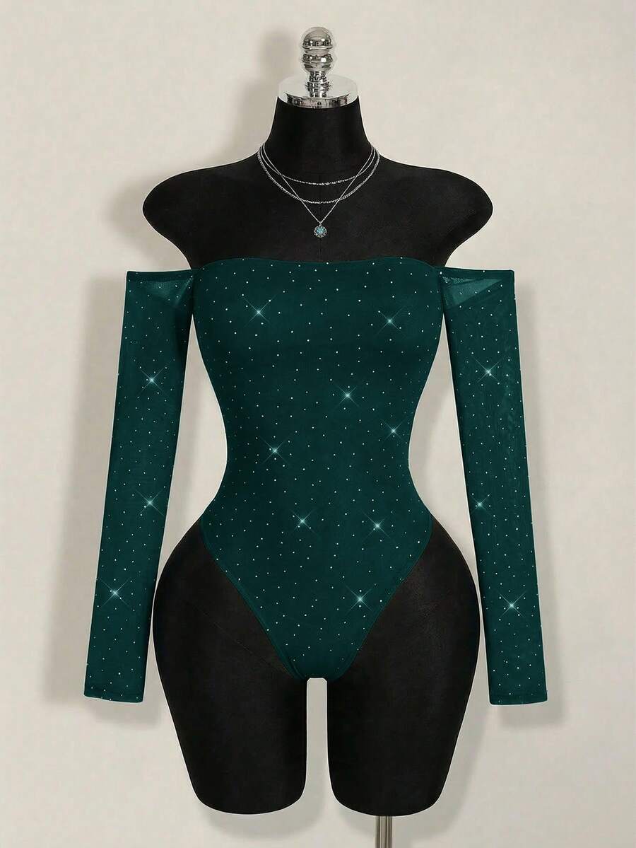 SHEIN ICON Women's Rhinestone Decor Long Sleeve Bodysuit - Dark Green - View 1