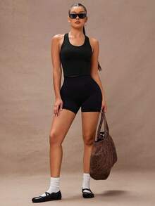 Lumalex Solid Racer Back Sports Tank Top Fitted Shirt - Black - View 5