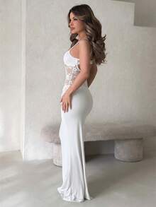 Jemour 女士夏季性感度假蕾丝拼接透视露背褶皱紧身吊带连衣裙，秋季婚礼宾客礼服，情人节，女士情人节派对服装 - 白色 - 查看 2