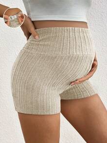 SHEIN Quần short gân cạp cao có thể điều chỉnh màu trơn cho bà bầu - Màu be - Xem 1