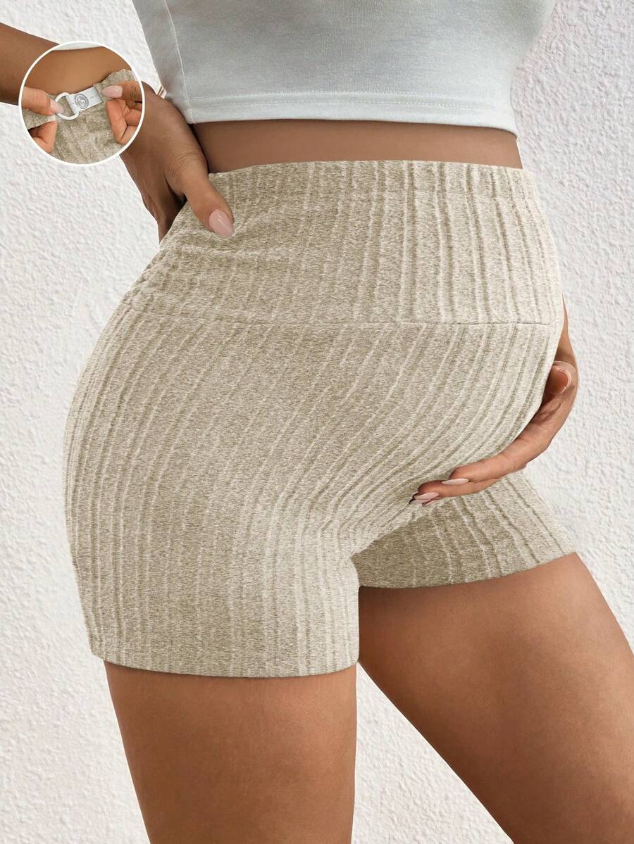 SHEIN Quần short gân cạp cao có thể điều chỉnh màu trơn cho bà bầu - Màu be - Xem 1