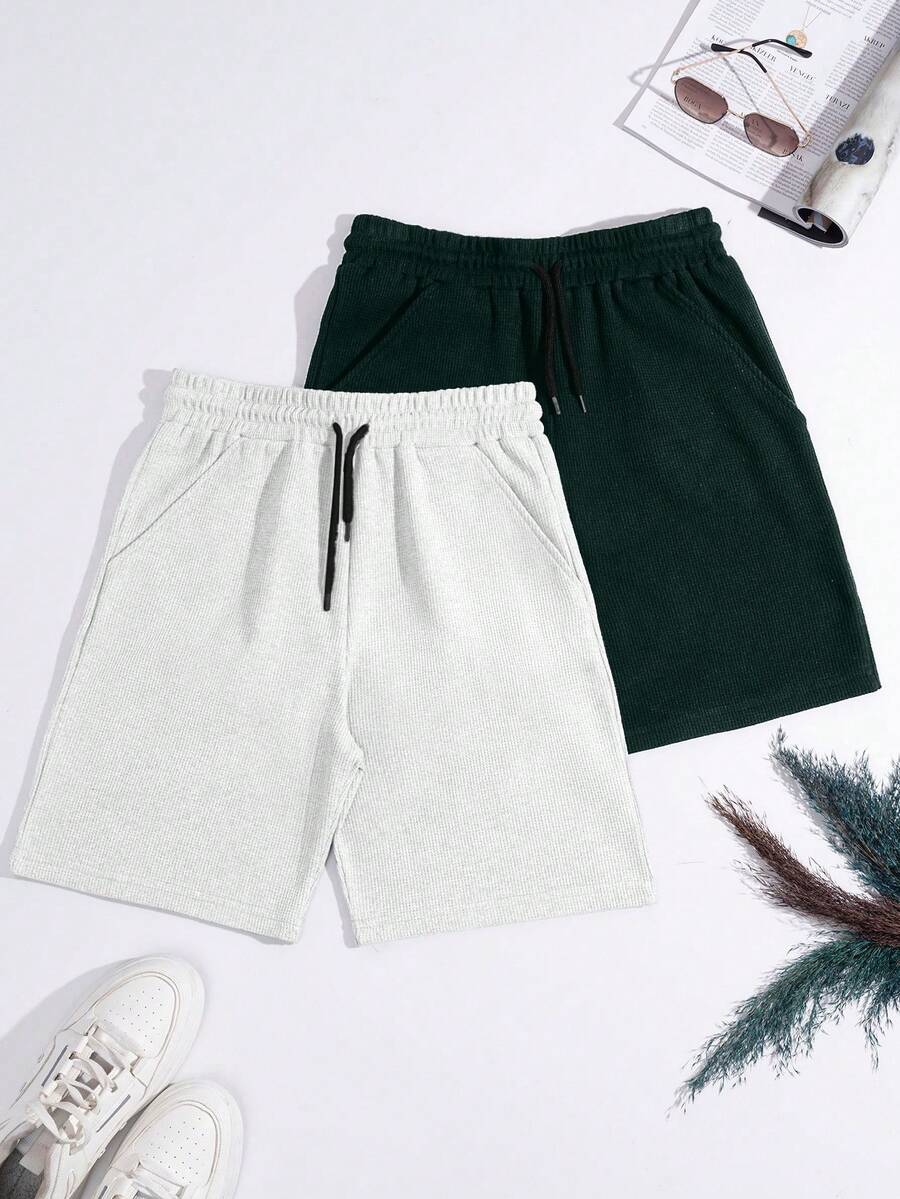 SHEIN Cottnline Men's Waffle Fabric Basic Shorts 2-Pack - White - View 1