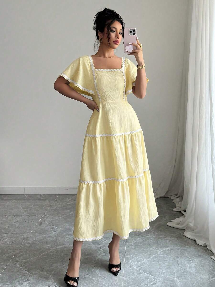 Rafferiza Women's Square Neck Petal Sleeve Textured French Style Vacation Wave Ruffle Hem Butter Yellow Elegant Dress - Light Yellow - View 1