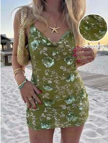 Aloruh 女士优雅性感魅力串珠刺绣露背修身迷你连衣裙 - 綠色 - 查看 10