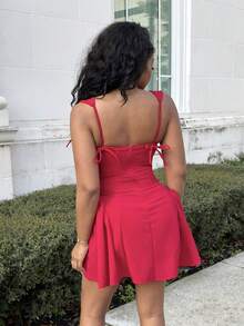 Alexandranx Váy ngắn đuôi cá thắt nơ dây mảnh màu đỏ lãng mạn ngày lễ tình nhân cho nữ dự tiệc, váy chống nắng - Đỏ - Xem 2