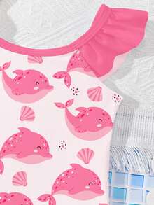 SHEIN Baby Girls' Casual Slim-Fit Aquatic Creature Print One-Piece Swimsuit, Suitable For Summer - Multicolor - View 8