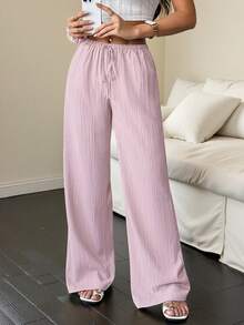 Flirla Women's Solid Color Drawstring Waist Pocket Casual Versatile Daily Wear Wide Leg Pants - Baby Pink - View 4