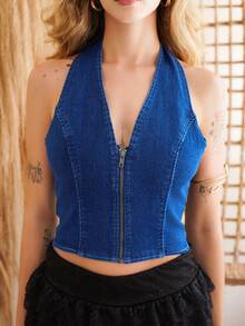 Ananda Vibes Áo khoác denim nữ Lộ Lưng Dây kéo màu trơn Gợi cảm - Rửa tối - Xem 4