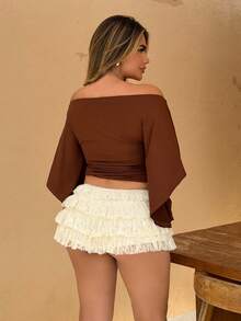 Maria Perezxox Áo thun nữ hở vai tay loe màu trơn, eo thắt eo phong cách cổ điển gợi cảm - màu nâu - Xem 2