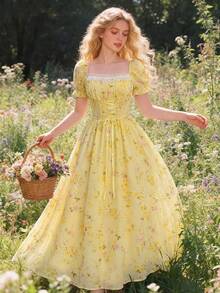 Glamine 浪漫粉色花卉拼接荷叶边领口花瓣袖系带腰身优雅度假长裙 - 黃色 - 查看 2