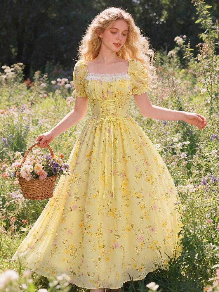 Romantic Pink Floral Patchwork Ruffle Collar Petal Sleeve Tie Waist Maxi Elegant Vacation  Dress Summer Dresses For Women Festival Outfits Party Dress Elegant Dresses For Women Holiday Outfits Floral Dress Yellow Dresses For Women - Yellow - View 1