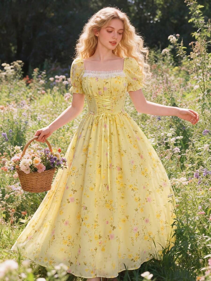 Glamine 浪漫粉色花卉拼接荷叶边领口花瓣袖系带腰身优雅度假长裙