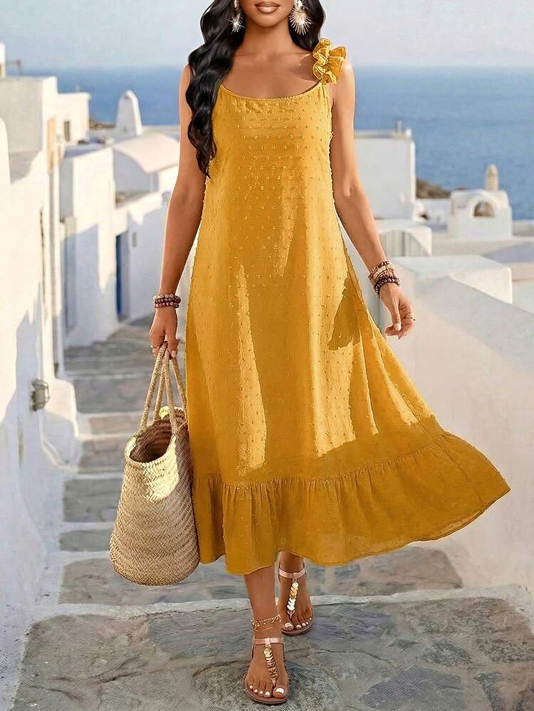 SHEIN Lady Swiss Dot Yellow Summer Boho Holiday Vacation Elegant Women's Casual Long Beach Dress, Spring Cruise Outfit, Beachwear Sun Dress, Work Outfit
