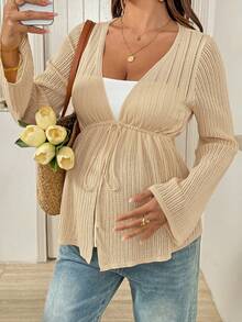 Lyckli Maternity Casual Solid Color Flare Sleeve Drawstring Waist Cardigan Winter - Apricot - View 4