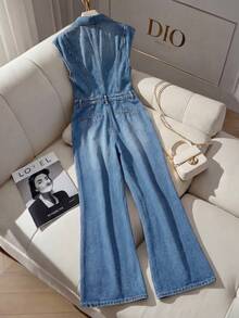 GlowEve Bộ jumpsuit denim nữ mùa hè dáng rộng, cài cúc nửa thân, kiểu dáng thường ngày, chất liệu denim mài, có ống loe. - Màu xanh lam - Xem 2