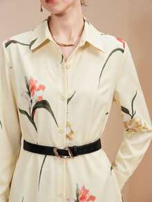 Aveloria Modichic 女士藏蓝色印花长袖A字连衣裙，腰部系带，优雅休闲通勤连衣裙 - 杏色 - 查看 7