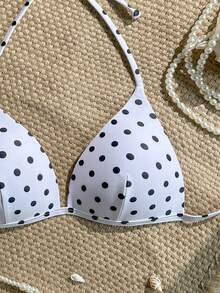 Swim Vcay Polka Dot Print Halter Neck Swimsuit Top For Beach Vacation - Black and White - View 3