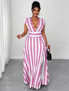 Maweii Plus Size Summer Casual Striped Deep V-Neck Split Dress - Pink - View 1