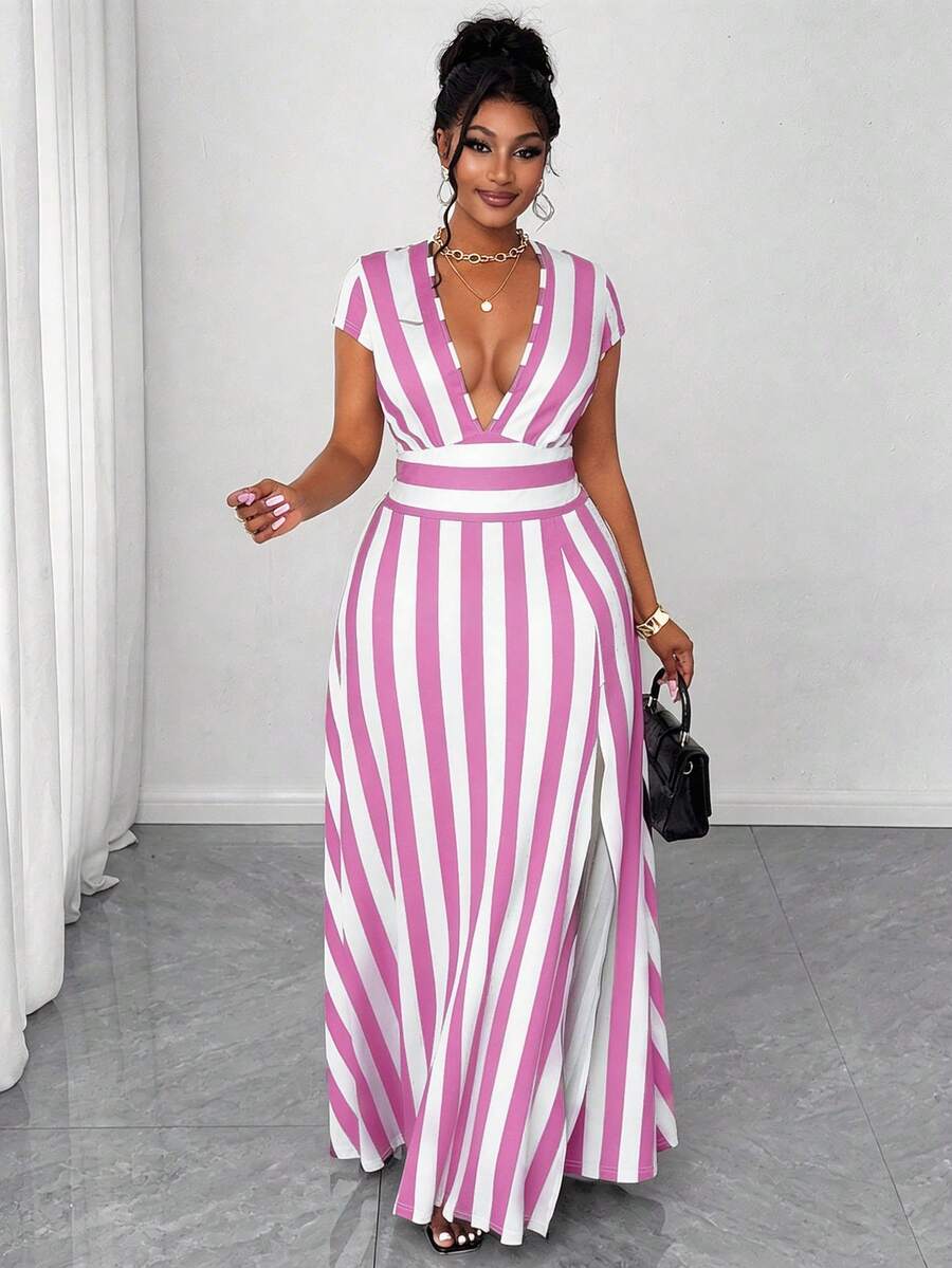 Maweii Plus Size Summer Casual Striped Deep V-Neck Split Dress - Pink - View 1