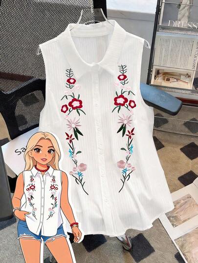 Breezaya Plus Size Elegant Floral Embroidered Sleeveless Shirt With Contrast Color, Simple Cut Design, Suitable For Daily Commute, Outing And Vacation Wear