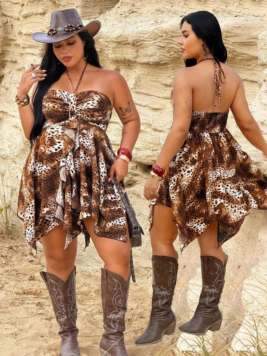 Rustia 春季、夏季、秋季、春秋两季、度假、优雅、毕业礼服、夏季女装、美式时尚豹纹拼接V领吊带不规则荷叶边下摆修身迷你连衣裙、豹纹露背吊带宽松无袖夏季连衣裙、独特设计女士短款连衣裙 - 彩色 - 查看 1