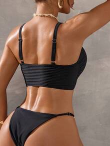 Swim DD+ 2026春夏女士沙滩装，女士泳衣上装，单件装，优雅浪漫性感打结装饰，适合海滩度假，波西米亚风精准条纹纹理面料，DD+丰满专属，聚拢支撑钢圈，聚拢模杯，舒适宽肩带，比基尼上装，黑色，性感奢华，优雅知性，浪漫假期，2026春夏女装新品，新年，情人节，返校季，旅行季，适合度假、海滩、下午茶野餐、派对、日常穿着、居家休闲、户外运动，时尚穿搭，女士两件式泳衣，女士泳装，女士两件式泳衣，泳衣上装，泳装 - 黑色 - 查看 2