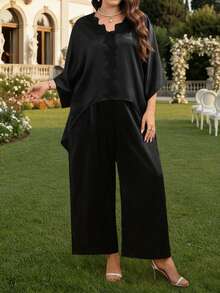 EMERY ROSE Plus Size Women V-Neck Lace Top And Wide Leg Pants Casual Elegant 2 Pieces Set Party Black Summer - Black - View 4