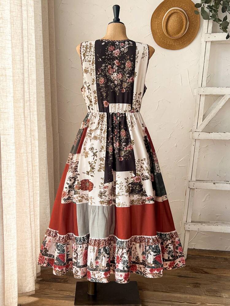 Plus Size Women Beach Vacation Casual Sleeveless Printed Dress