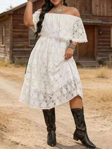 LanaWest CURVE Robe de fête chic et pour femmes grandes tailles, avec empiècement en dentelle et volants à l'épaule - Blanc - Voir 8