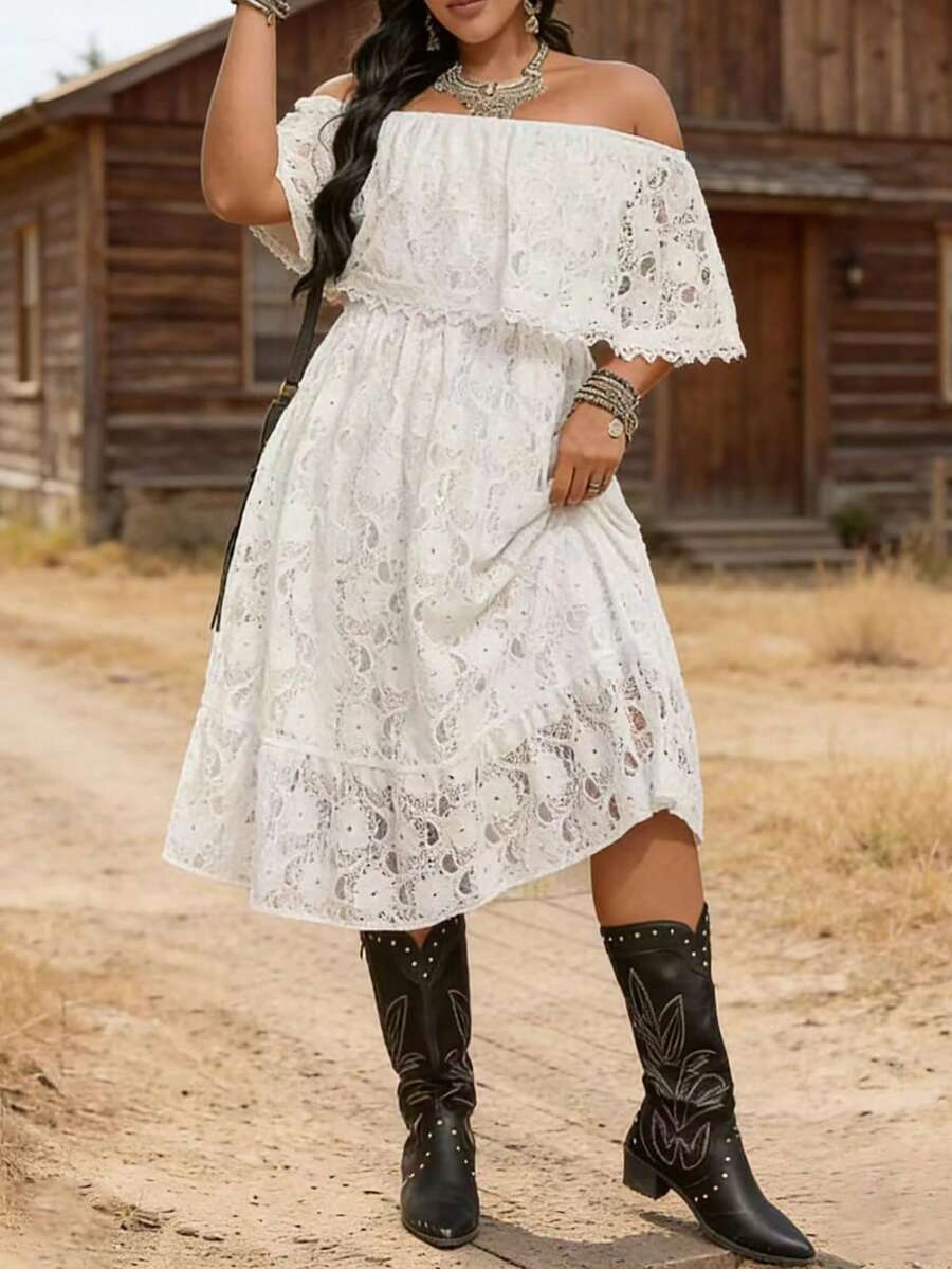 LanaWest CURVE Fashionable Off-Shoulder Ruffled Lace Midi Dress For Spring And Summer - White - View 1